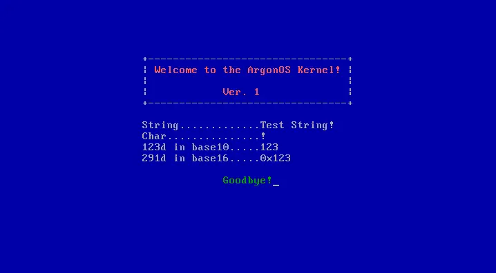 Screenshot of kernel initial boot screen with hello world.