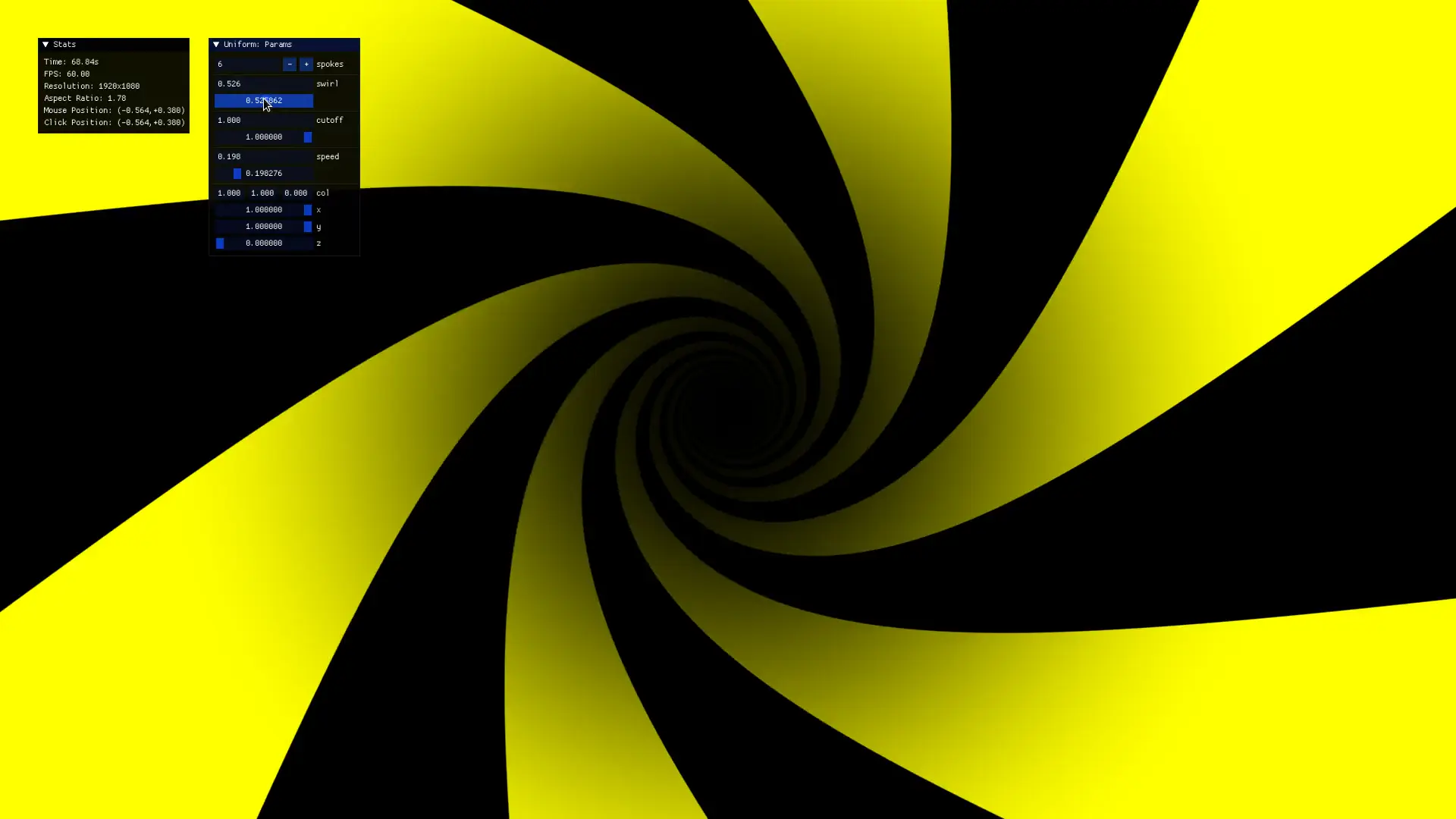 Rotating black and yellow spiral tunnel shader with tweaking of parameters.