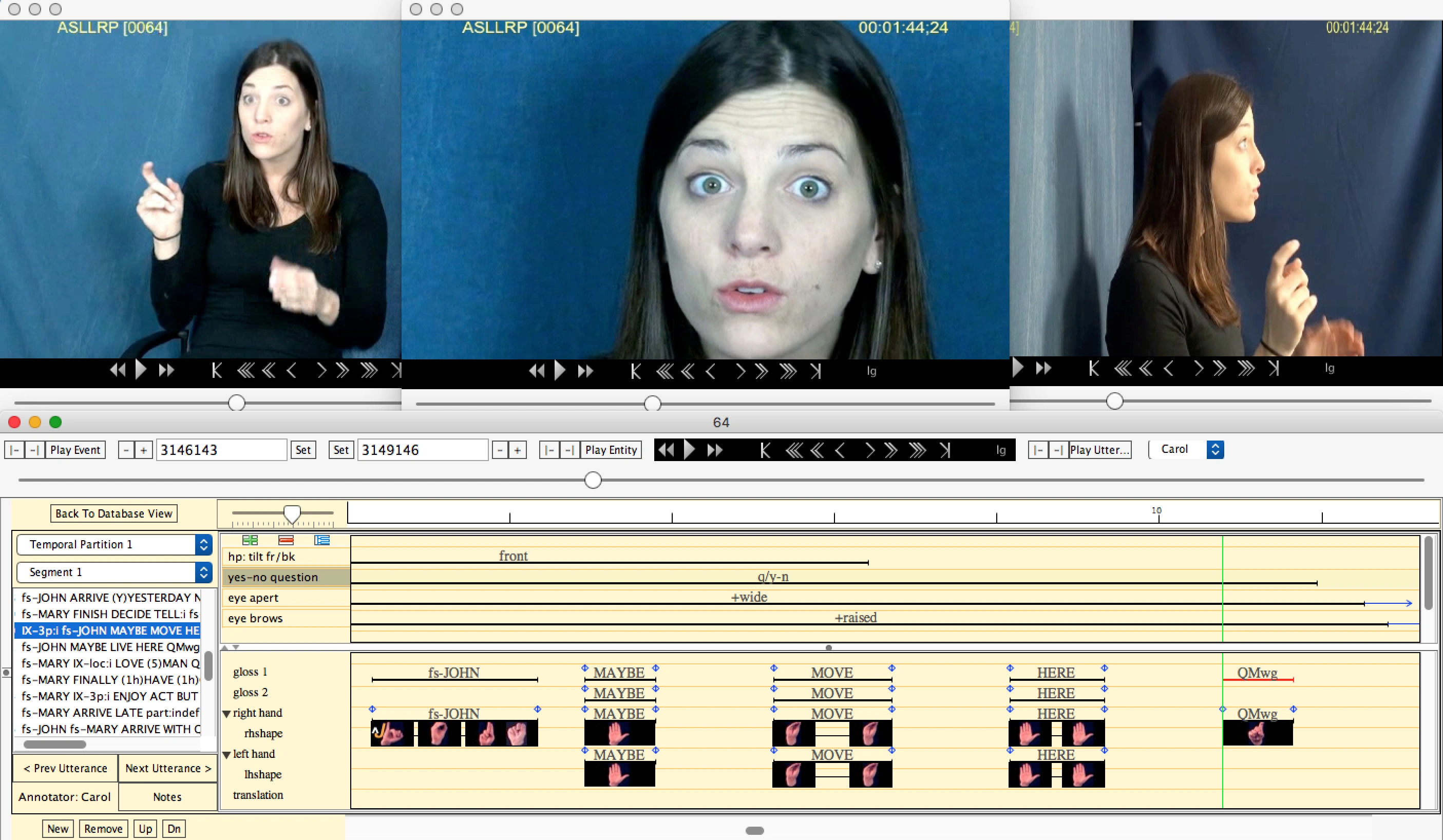 Screenshot of SignStream UI showing annotations and sign language videos.