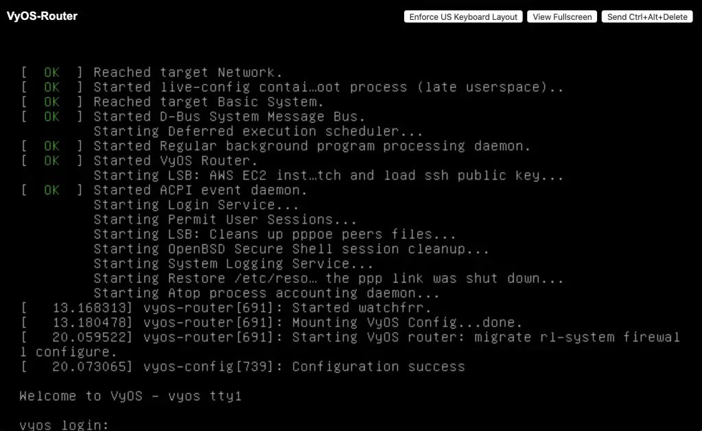 Screenshot of VyOS router system boot up output.